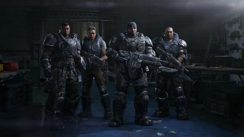 Four armored COG soldiers stand side by side in a dim workshop
