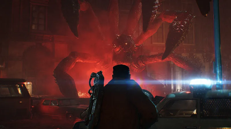 A person seen from behind faces a towering multi-legged creature silhouetted in red light among parked cars