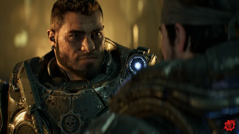 Close-up of a bearded COG soldier with an earring looking at another soldier seen from behind