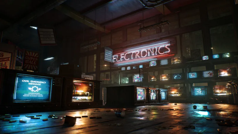 An empty electronics store with a neon sign and rows of televisions showing a civil emergency message
