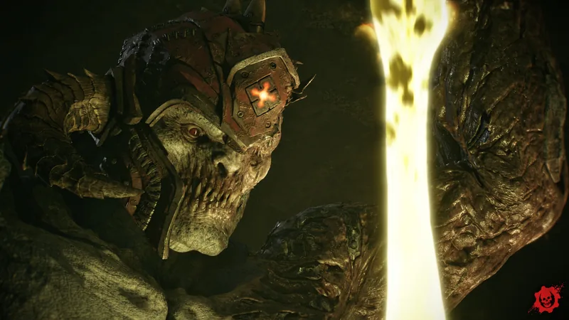 A Locust in a metal helmet with a glowing cross-shaped visor stands beside a stream of bright yellow liquid