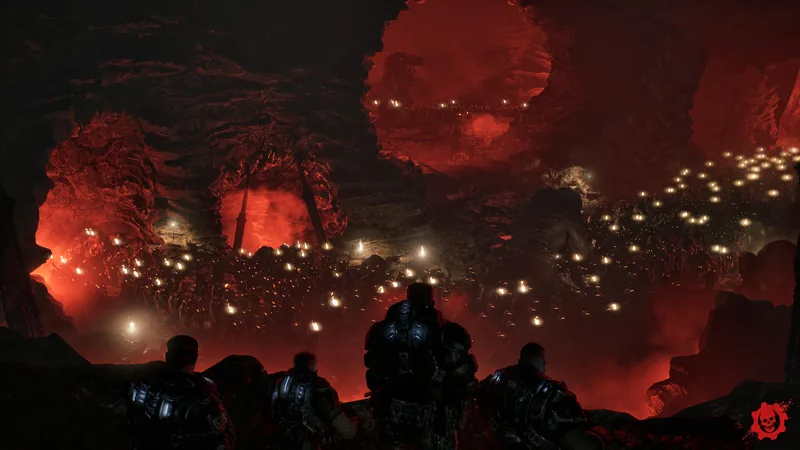 Four COG soldiers seen from behind look out over a vast red-lit cavern filled with points of light