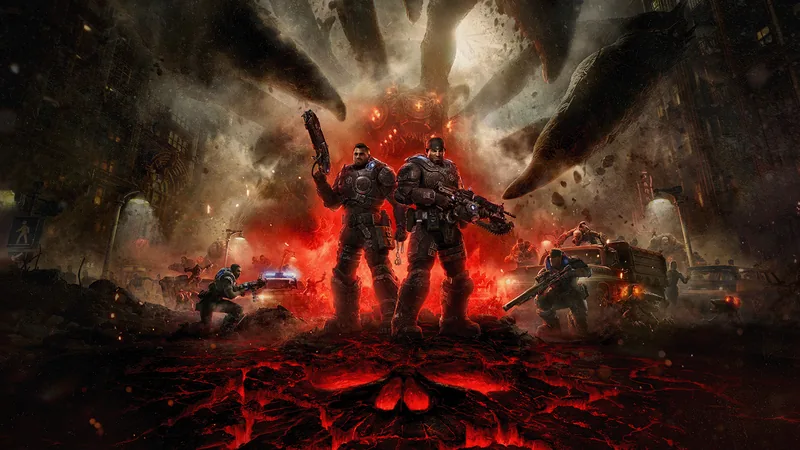 Two armored COG soldiers stand on cracked, glowing ground beneath giant Locust claws while other Gears fight around them