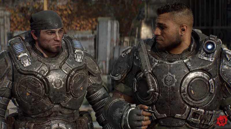 Two COG soldiers in armor face each other, one wearing a bandana and the other with a short beard