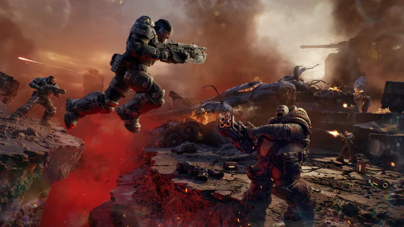 A COG soldier jumps over rubble firing a rifle while two other Gears fight through red smoke