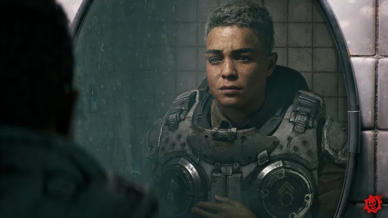 A young soldier in COG armor looks at their reflection in a round mirror in a tiled room