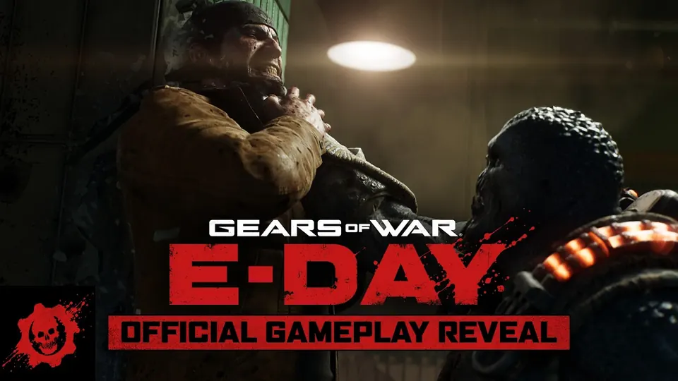 Video cover reading Official Gameplay Reveal, with a man in a tan jacket being grabbed by a Locust wearing glowing ammunition belts