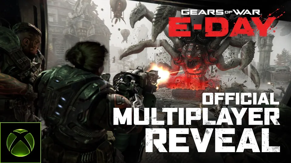 Video cover reading Official Multiplayer Reveal, with two Gears firing at a giant multi-legged Locust creature in a city plaza